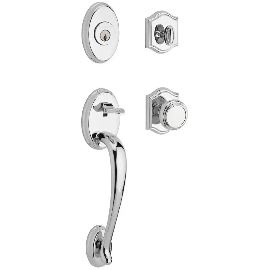 The Baldwin Reserve Columbus Handleset with Interior Traditional Knob with Traditional Arch Rosette in Polished Chrome finish.