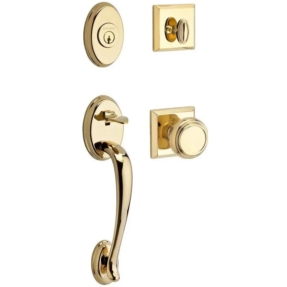 The Baldwin Reserve Columbus Handleset with Interior Traditional Knob with Traditional Square Rosette in Lifetime Polished Brass finish.