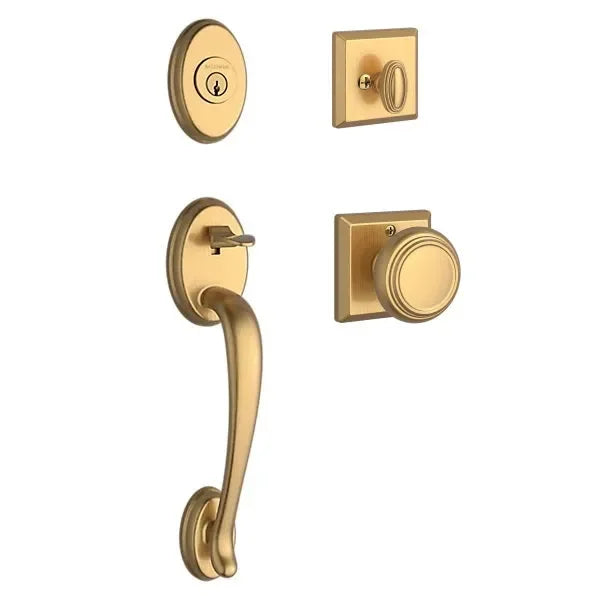 The Baldwin Reserve Columbus Handleset with Interior Traditional Knob with Traditional Square Rosette in Lifetime Satin Brass finish.