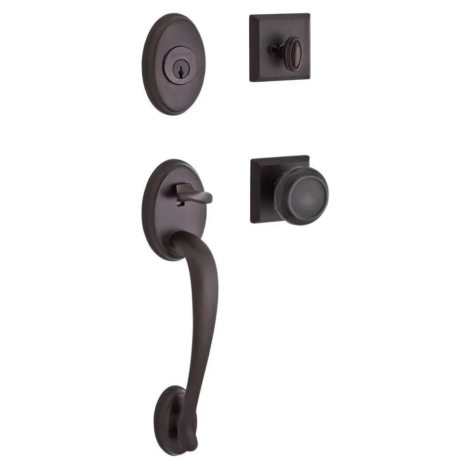 The Baldwin Reserve Columbus Handleset with Interior Traditional Knob with Traditional Square Rosette in Venetian Bronze finish.