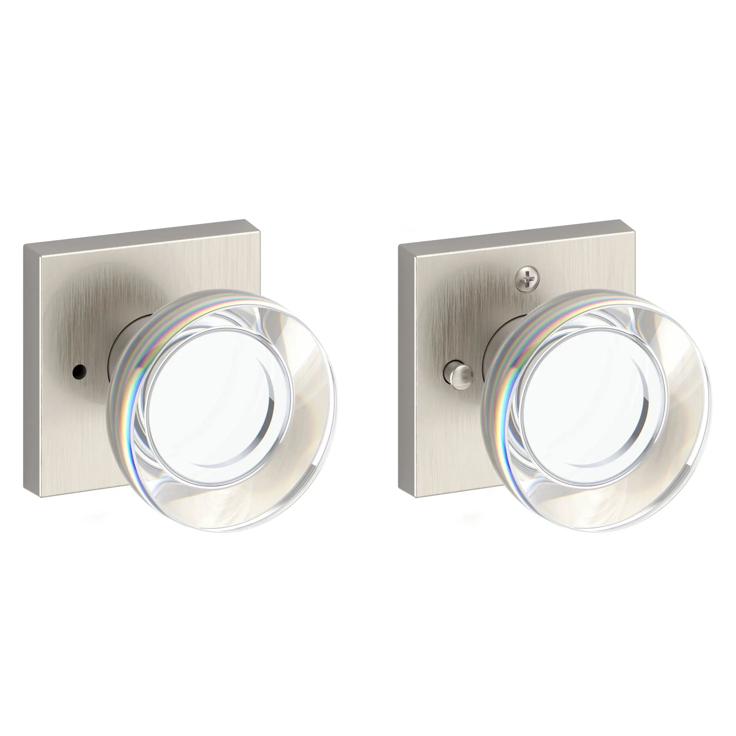 Baldwin Contemporary Crystal Knob with Contemporary Square Rosette Satin Nickel