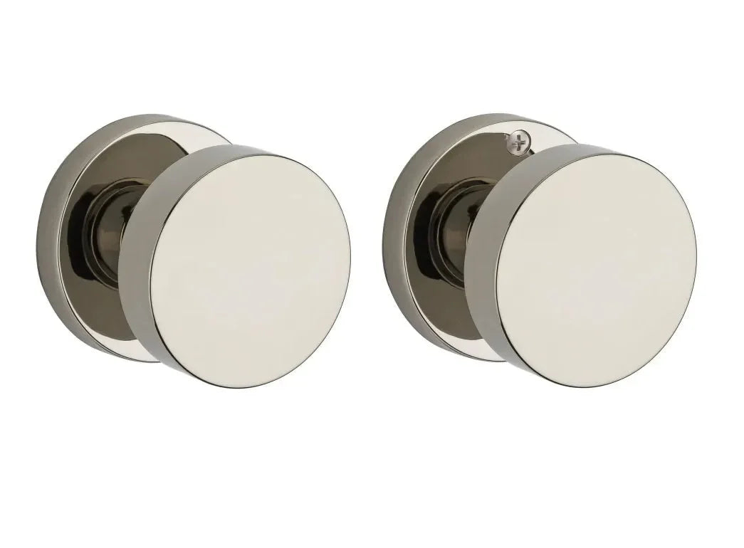 Baldwin Contemporary Knob with Contemporary Round Rosette Lifetime Polished Nickel
