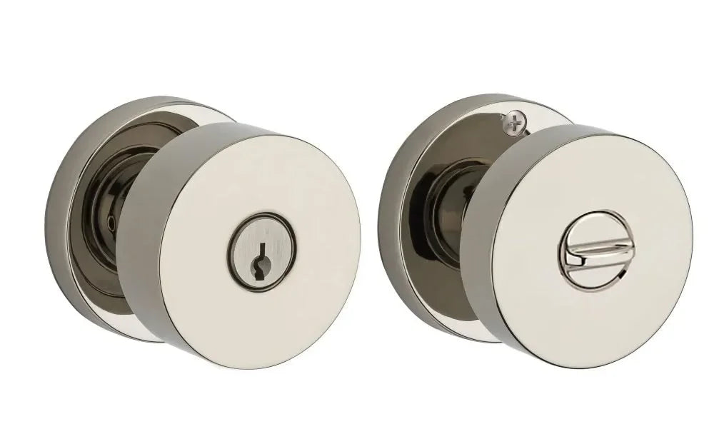 Baldwin Contemporary Knob with Contemporary Round Rosette Lifetime Polished Nickel
