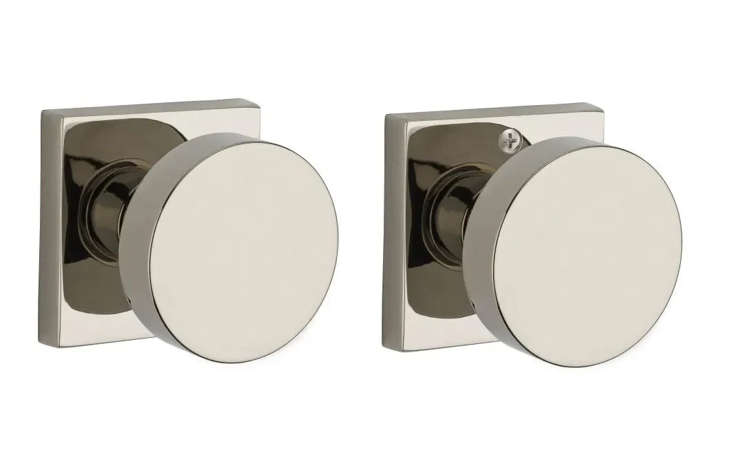Baldwin Contemporary Knob with Contemporary Square Rosette Lifetime Polished Nickel