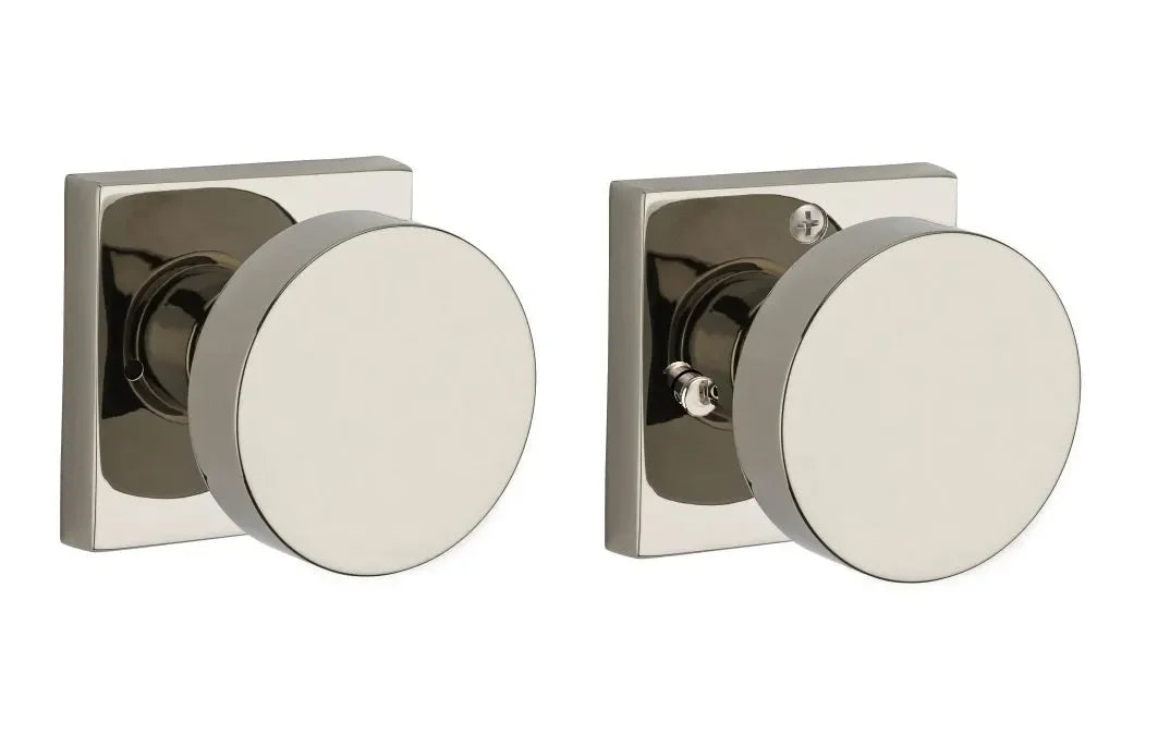 Baldwin Contemporary Knob with Contemporary Square Rosette Lifetime Polished Nickel