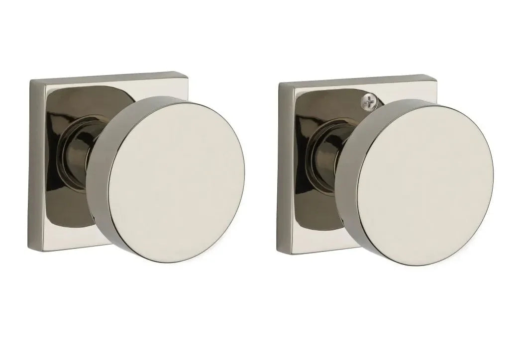 Baldwin Contemporary Knob with Contemporary Square Rosette Lifetime Polished Nickel