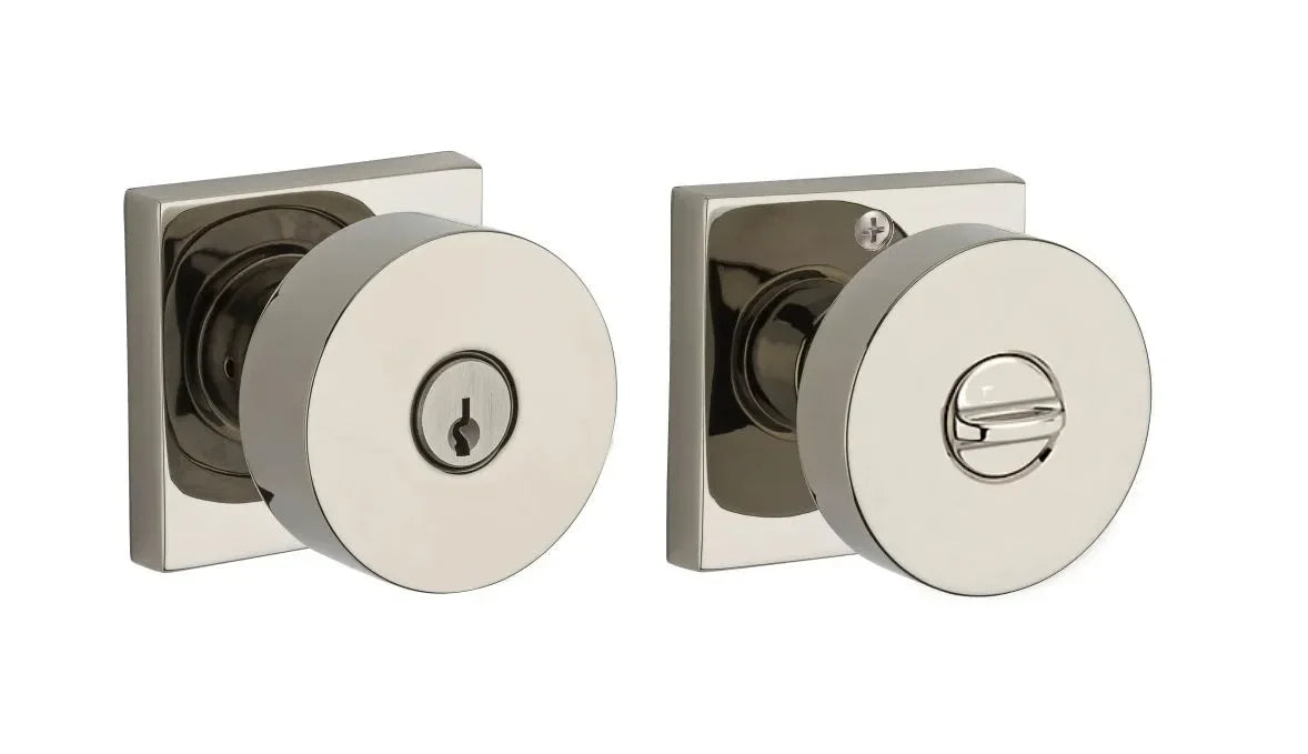 Baldwin Contemporary Knob with Contemporary Square Rosette Lifetime Polished Nickel