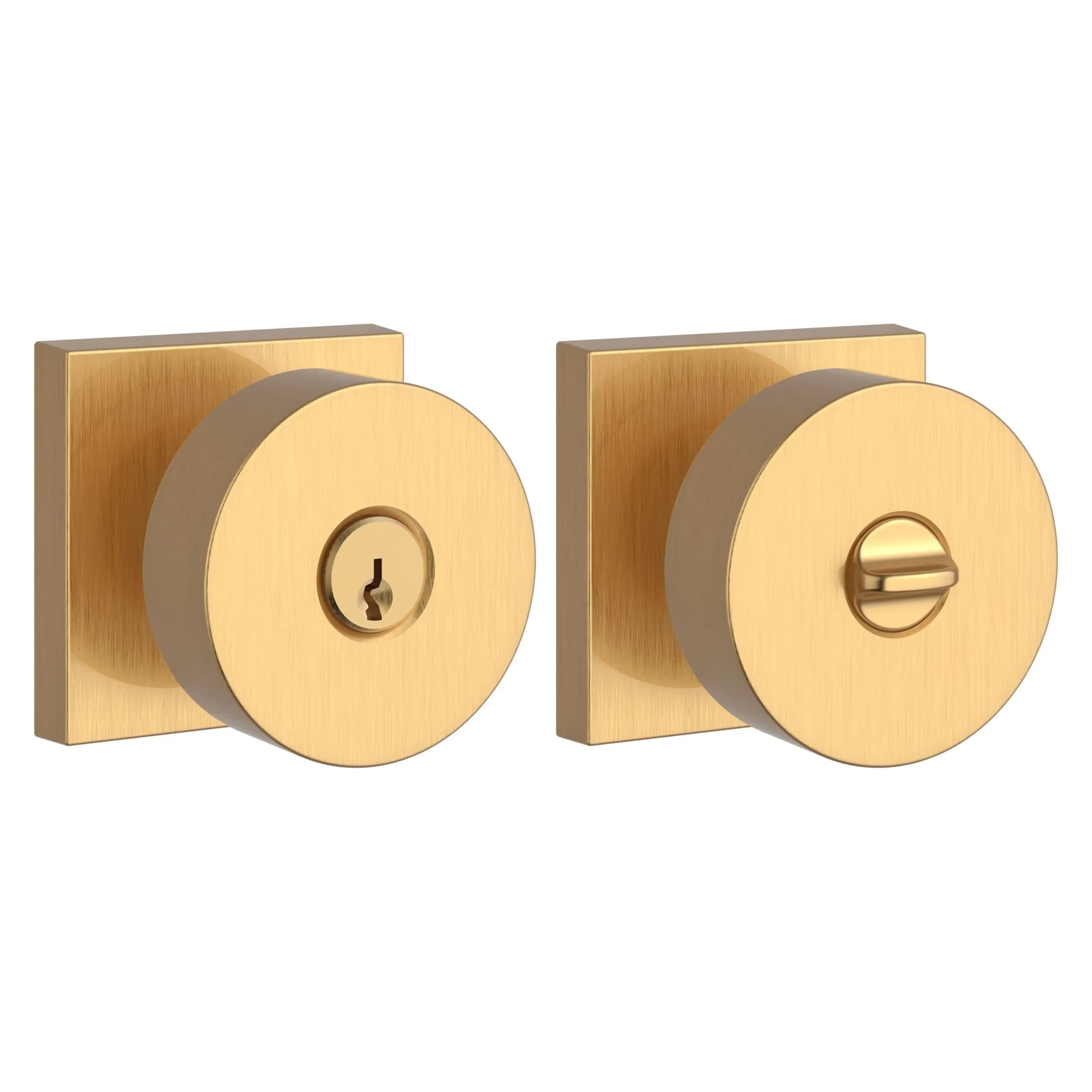 Baldwin Contemporary Knob with Contemporary Square Rosette Lifetime Satin Brass
