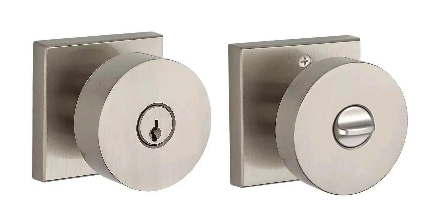 Baldwin Contemporary Knob with Contemporary Square Rosette Satin Nickel
