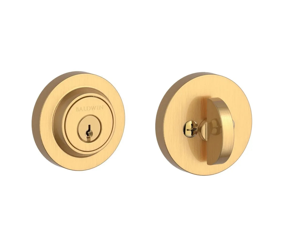 The Baldwin Reserve Contemporary Round Deadbolt in Lifetime Satin Brass finish.