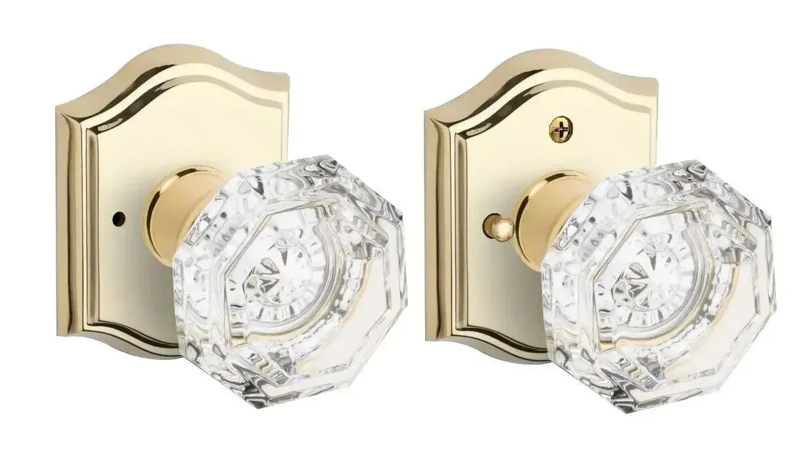 Baldwin Crystal Knob with Traditional Arch Rosette in Lifetime Polished Brass finish