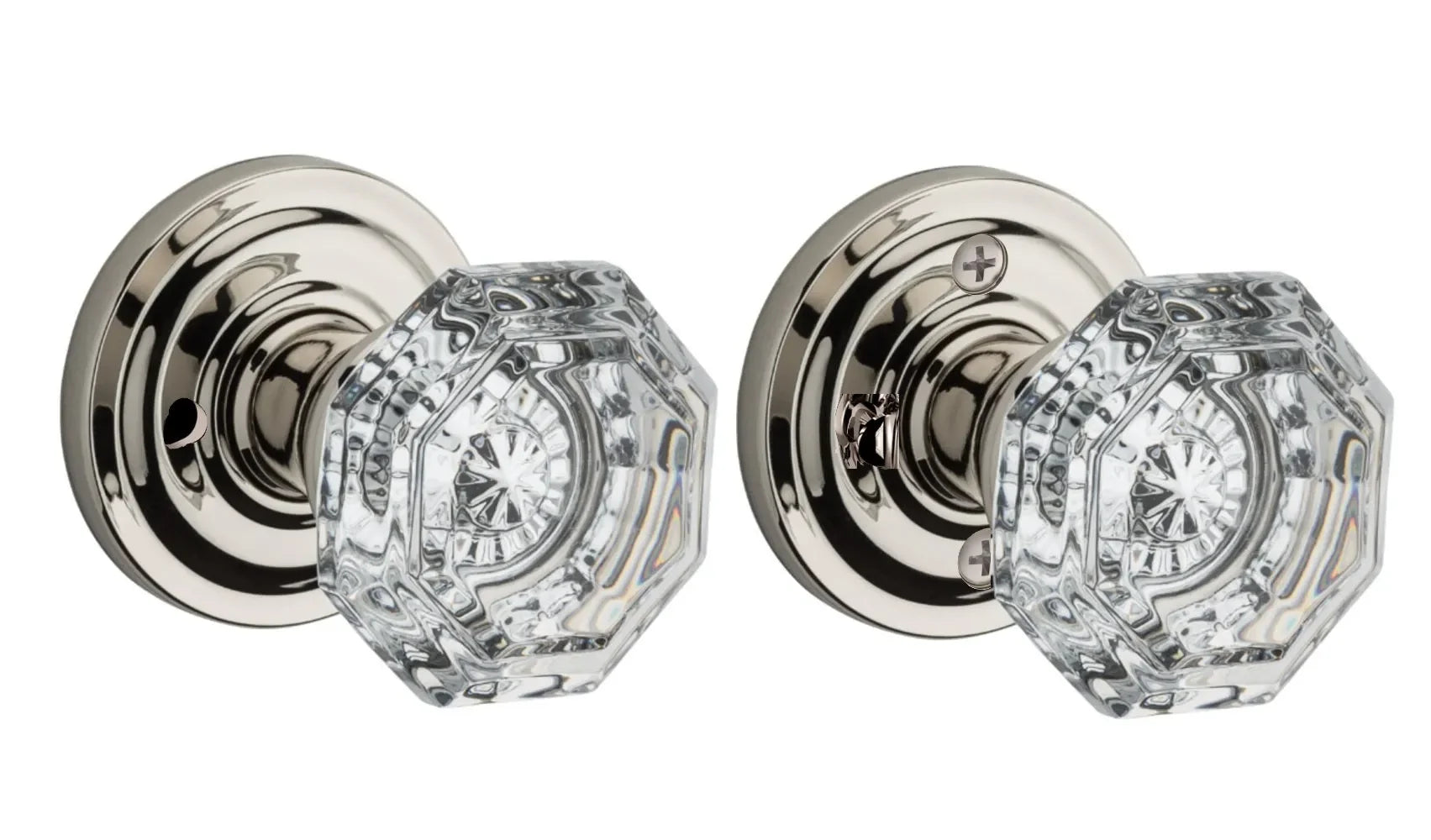 The Baldwin Reserve Crystal Knob with Traditional Round Rosette in Lifetime Polished Nickel finish.
