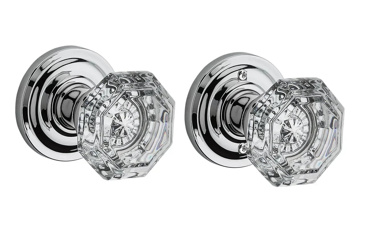 The Baldwin Reserve Crystal Knob with Traditional Round Rosette in Polished Chrome finish.