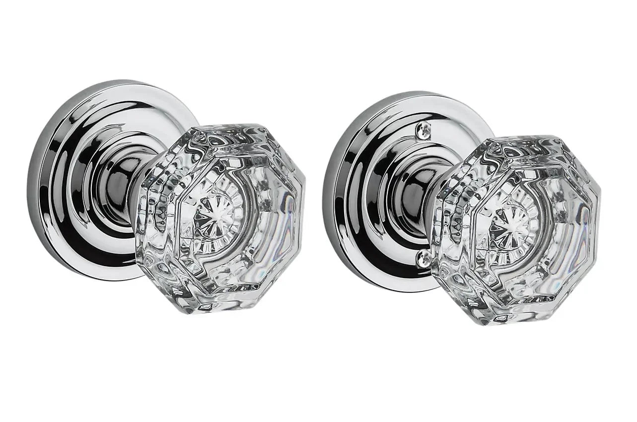 The Baldwin Reserve Crystal Knob with Traditional Round Rosette in Polished Chrome finish.