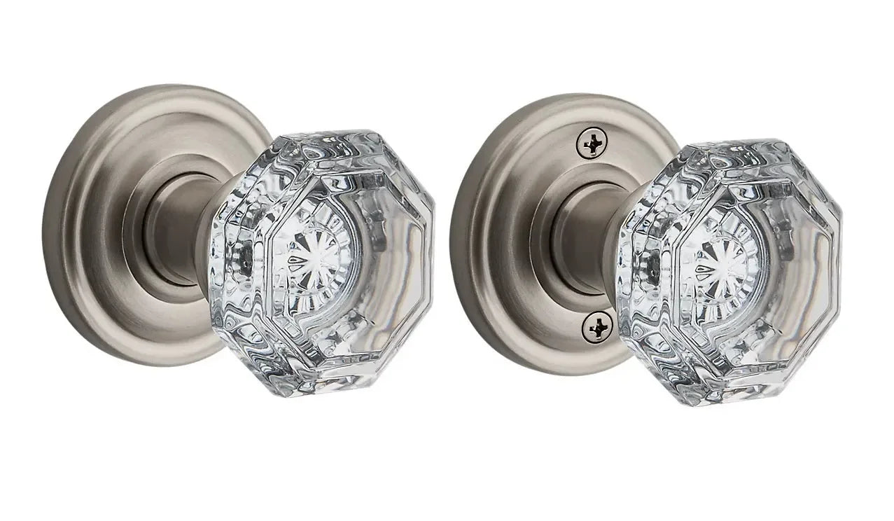 The Baldwin Reserve Crystal Knob with Traditional Round Rosette in Satin Nickel finish.