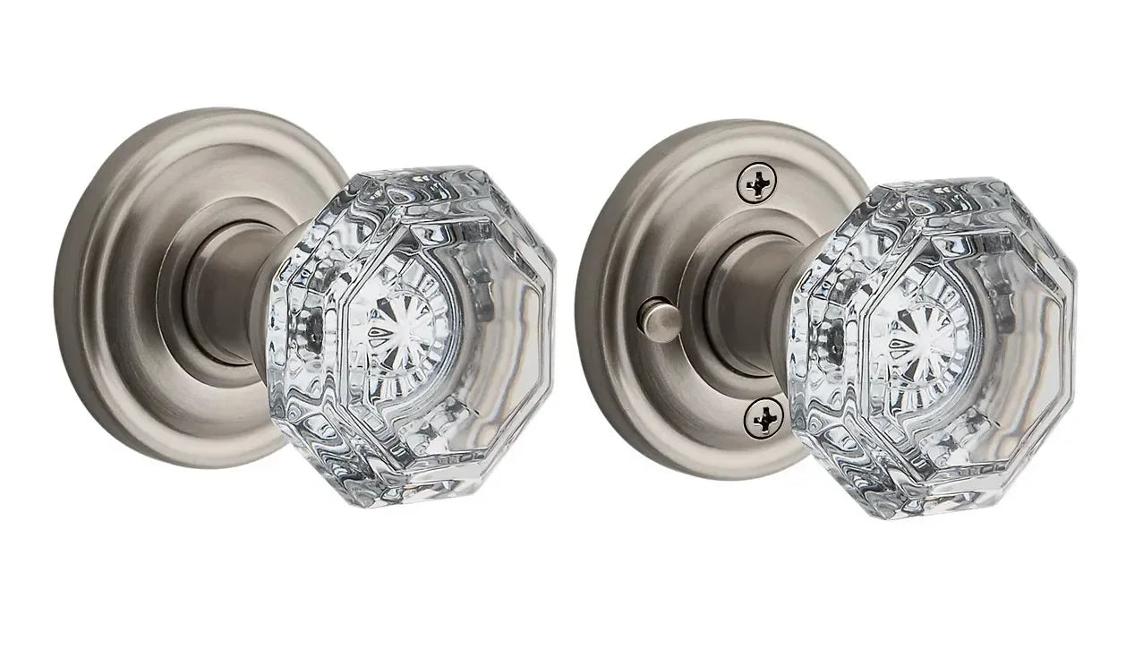 The Baldwin Reserve Crystal Knob with Traditional Round Rosette in Satin Nickel finish.
