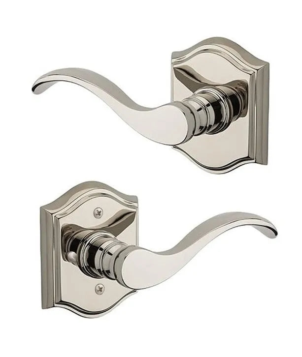 Baldwin Curve Lever with Traditional Arch Rosette in Lifetime Polished Nickel finish