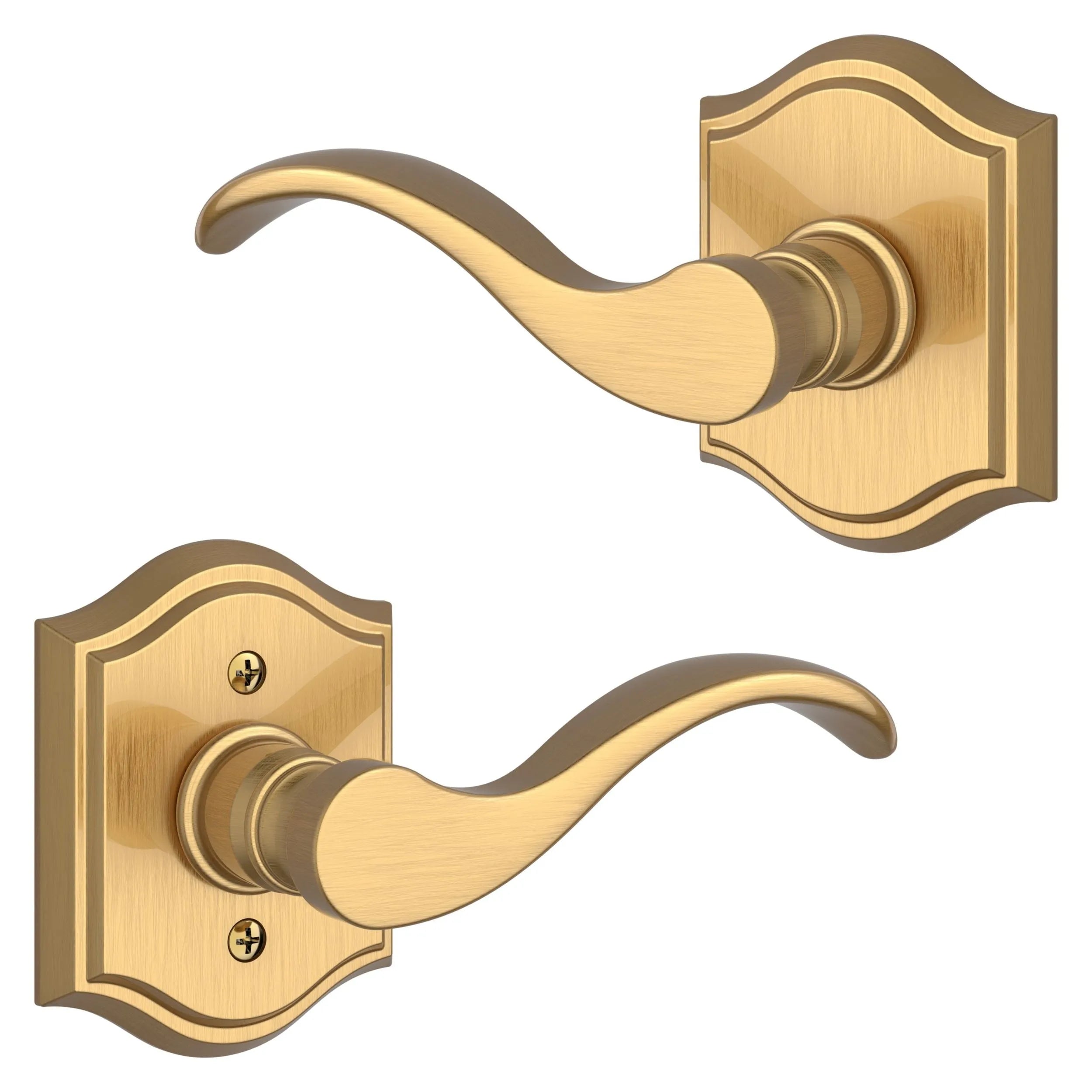 Baldwin Curve Lever with Traditional Arch Rosette in Lifetime Satin Brass finish
