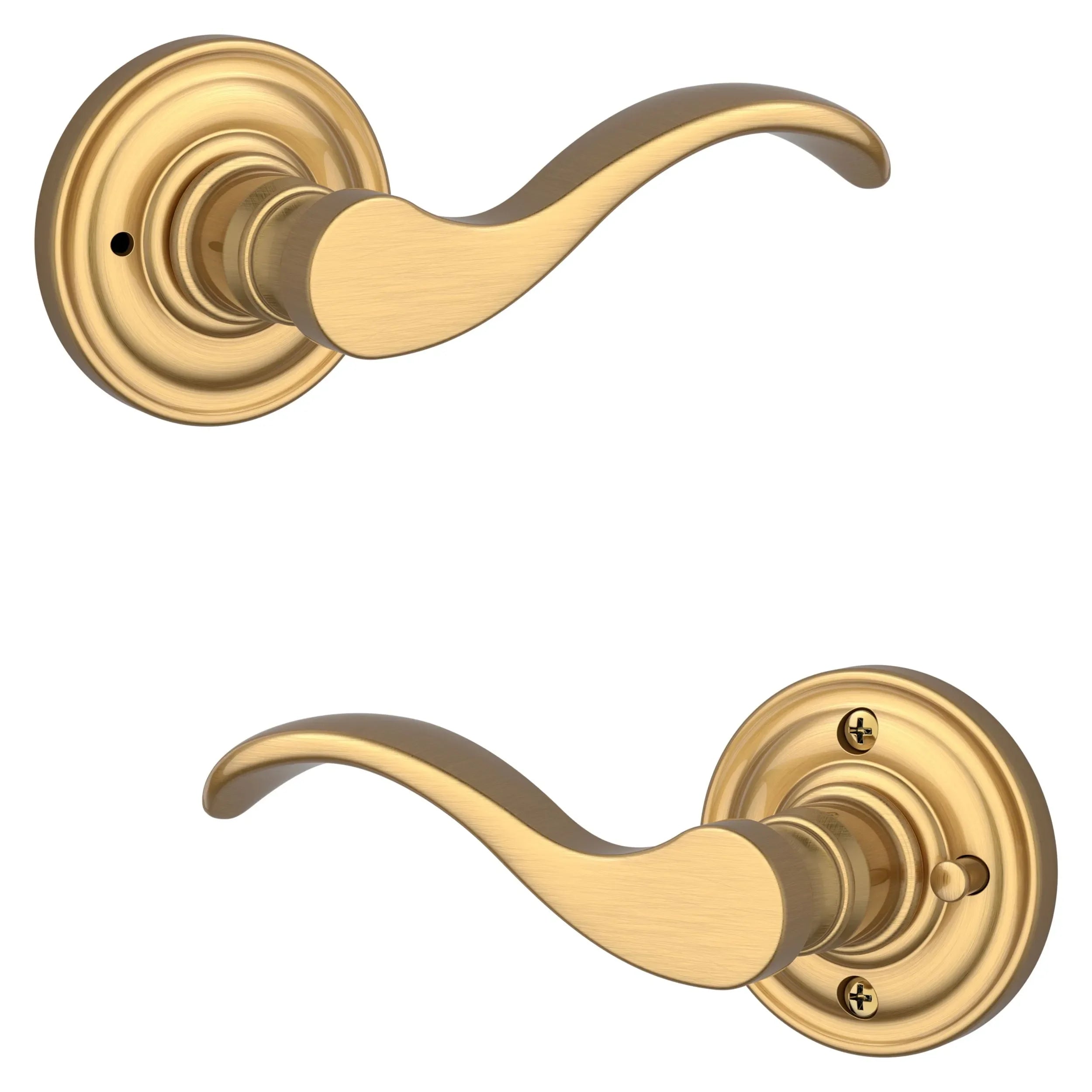 The Baldwin Reserve Curve Lever with Traditional Round Rosette in Lifetime Satin Brass finish.