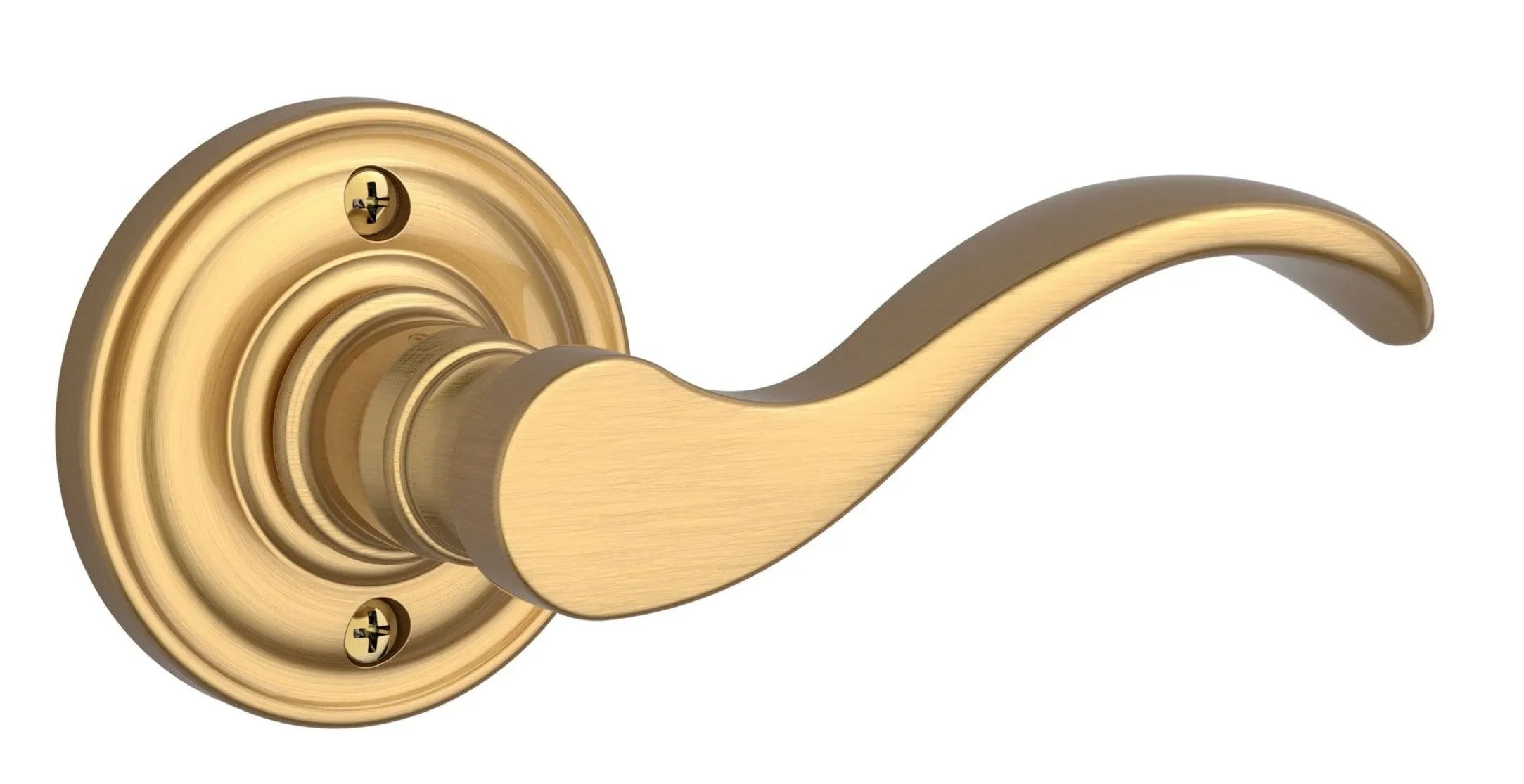 The Baldwin Reserve Curve Lever with Traditional Round Rosette in Lifetime Satin Brass finish.