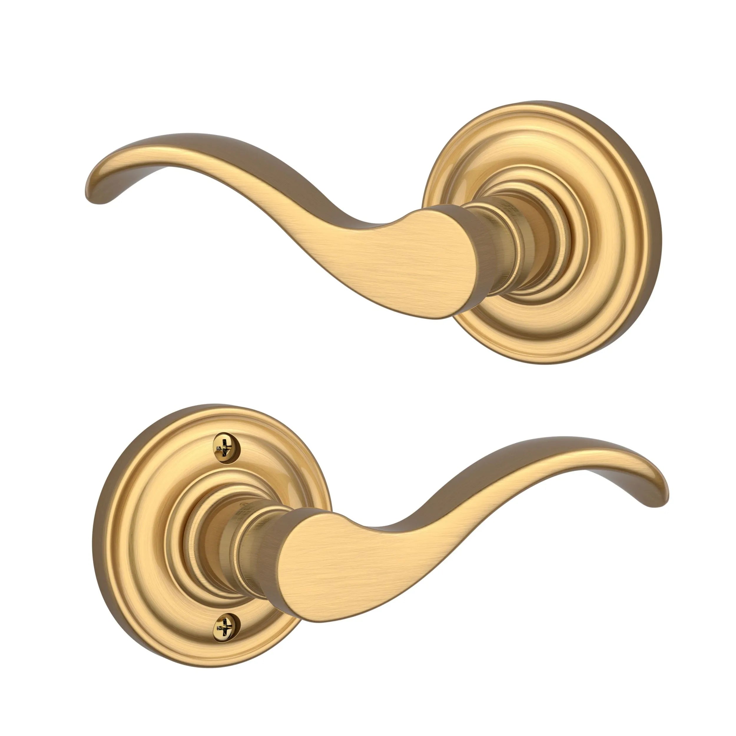 Baldwin Curve Lever with Traditional Round Rosette in Lifetime Satin Brass finish