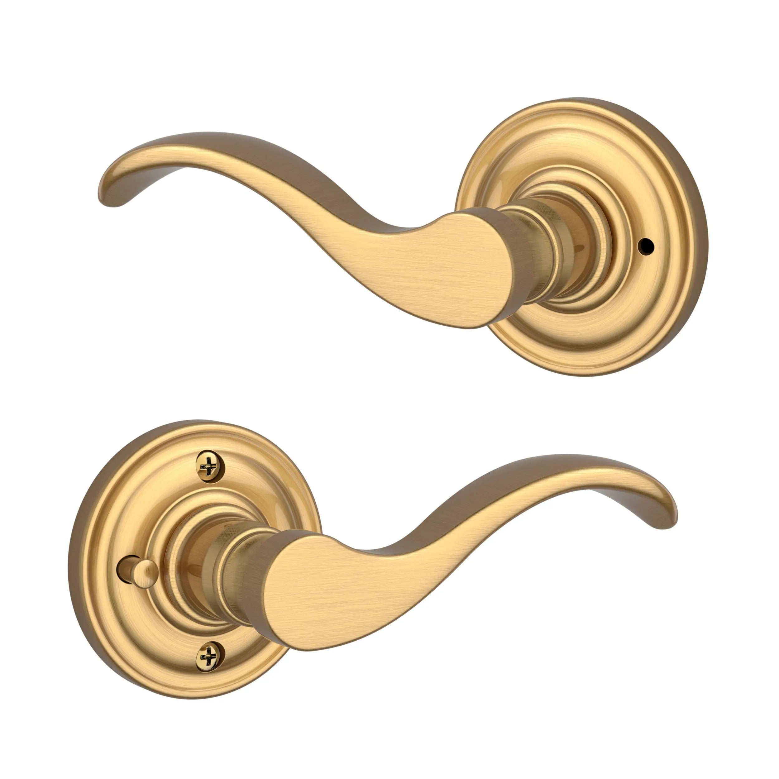 Baldwin Curve Lever with Traditional Round Rosette in Lifetime Satin Brass finish