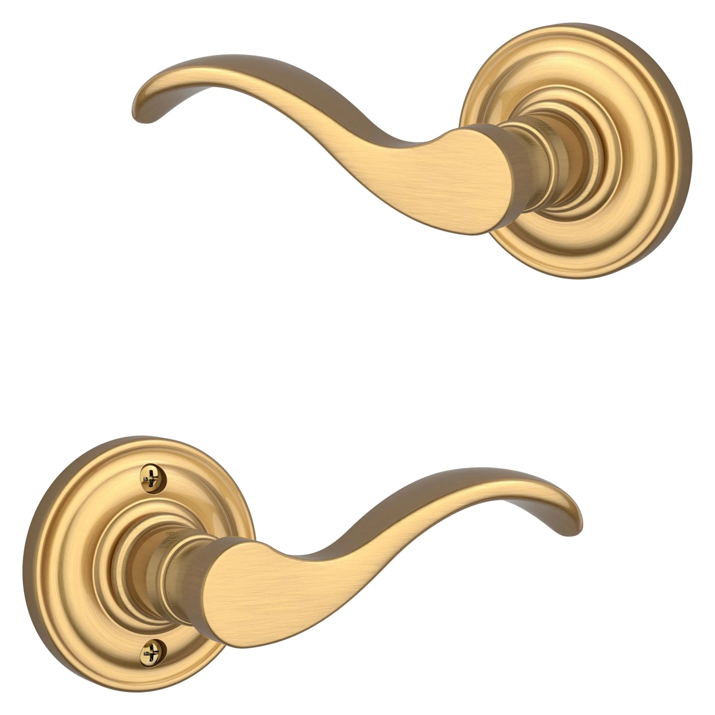 Baldwin Curve Lever with Traditional Round Rosette in Lifetime Satin Brass finish