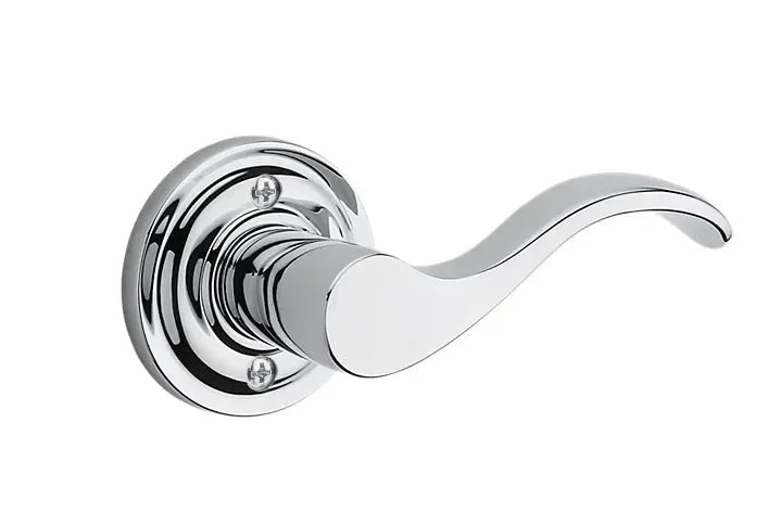 The Baldwin Reserve Curve Lever with Traditional Round Rosette in Polished Chrome finish.