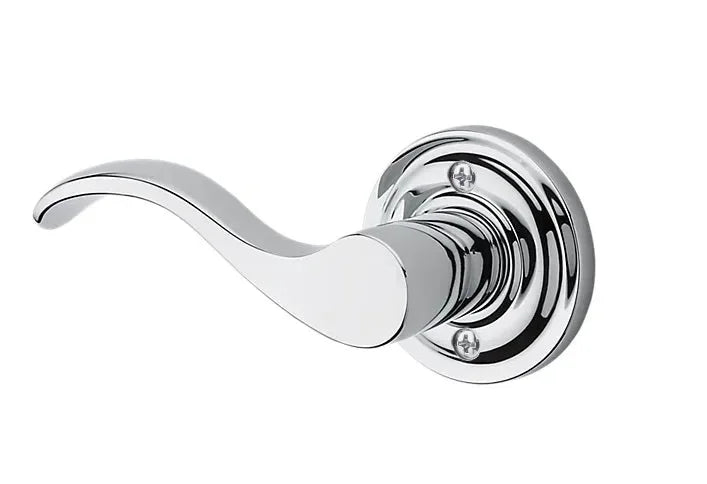 The Baldwin Reserve Curve Lever with Traditional Round Rosette in Polished Chrome finish.