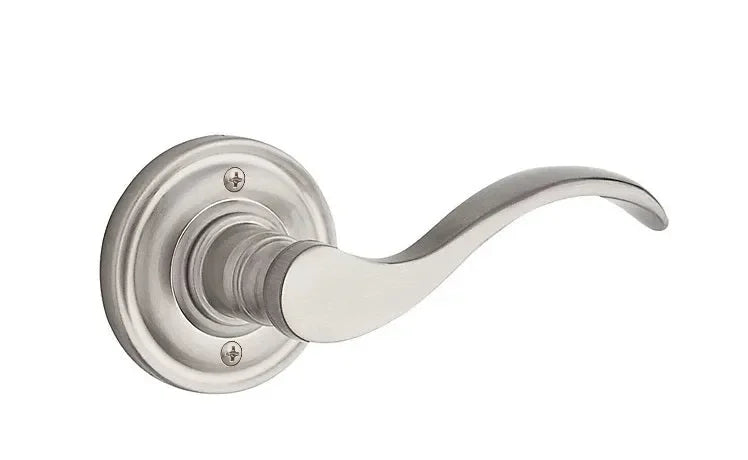 The Baldwin Reserve Curve Lever with Traditional Round Rosette in Satin Nickel finish.