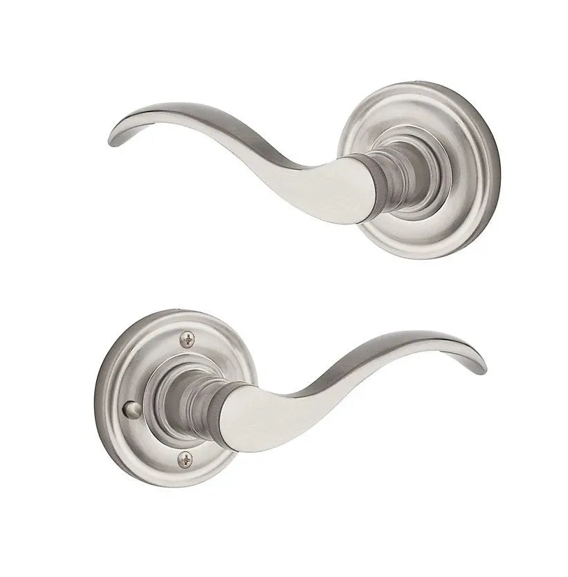 Baldwin Curve Lever with Traditional Round Rosette in Satin Nickel finish