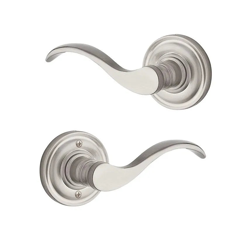 Baldwin Curve Lever with Traditional Round Rosette in Satin Nickel finish