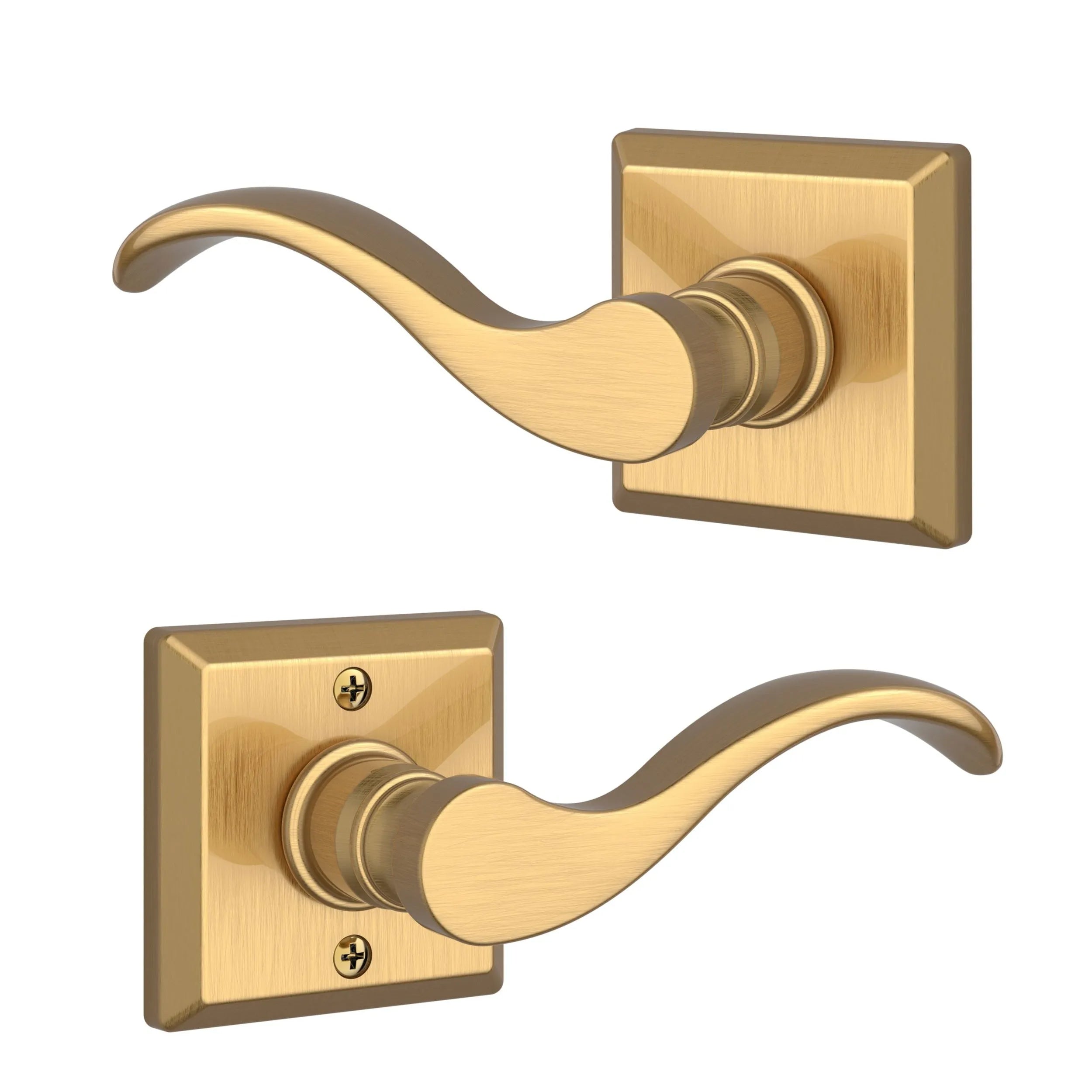 Baldwin Curve Lever with Traditional Square Rosette in Lifetime Satin Brass finish