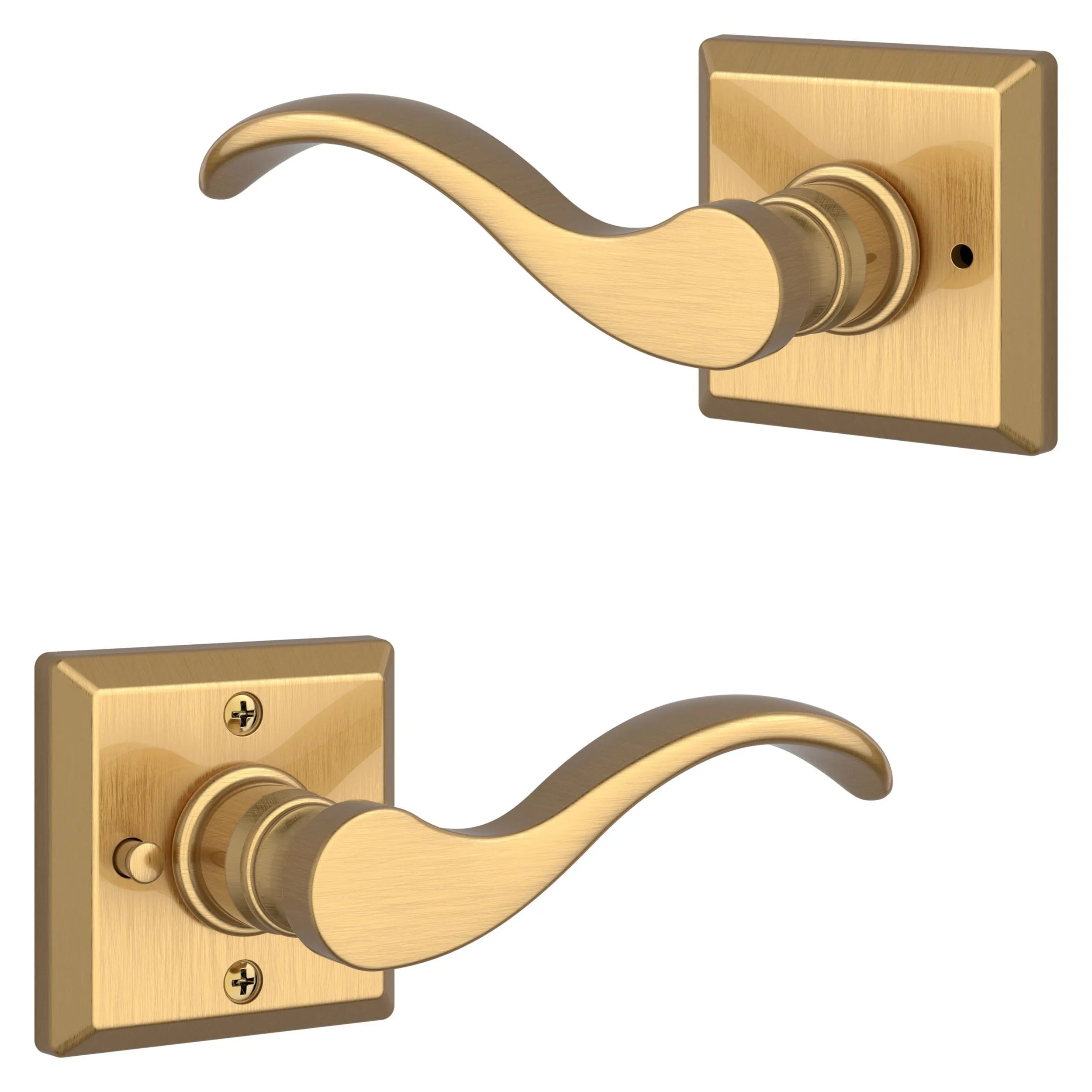 Baldwin Curve Lever with Traditional Square Rosette in Lifetime Satin Brass finish