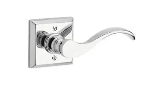 The Baldwin Reserve Curve Lever with Traditional Square Rosette in Polished Chrome finish.