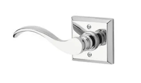 The Baldwin Reserve Curve Lever with Traditional Square Rosette in Polished Chrome finish.