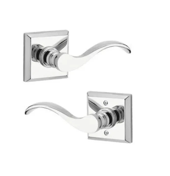 The Baldwin Reserve Curve Lever with Traditional Square Rosette in Polished Chrome finish.