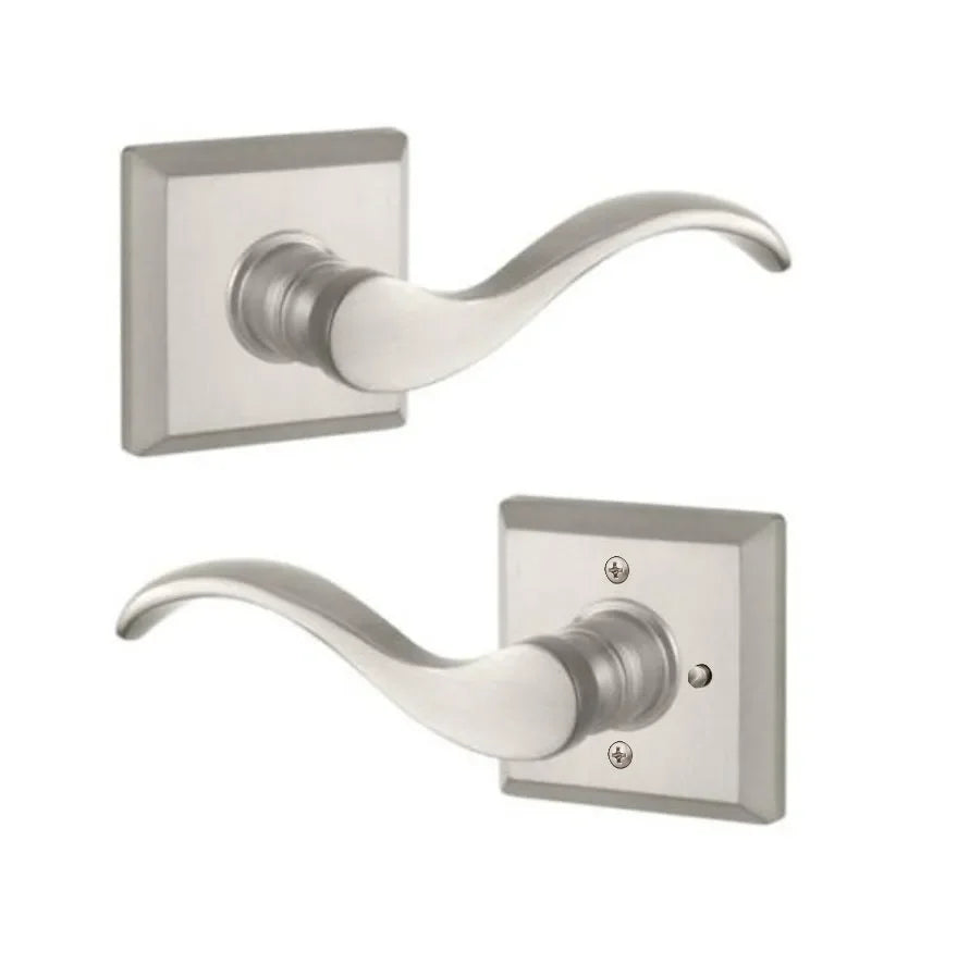 The Baldwin Reserve Curve Lever with Traditional Square Rosette in Satin Nickel finish.