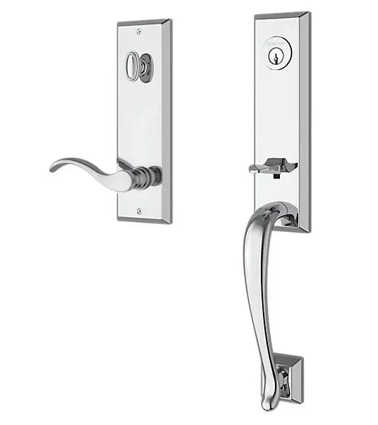 The Baldwin Reserve Del Mar Handleset with Interior Curve Lever with Square Bevel Rosette in Polished Chrome finish.