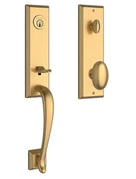 The Baldwin Reserve Del Mar Handleset with Interior Ellipse Knob with Square Bevel Rosette in Lifetime Satin Brass finish.