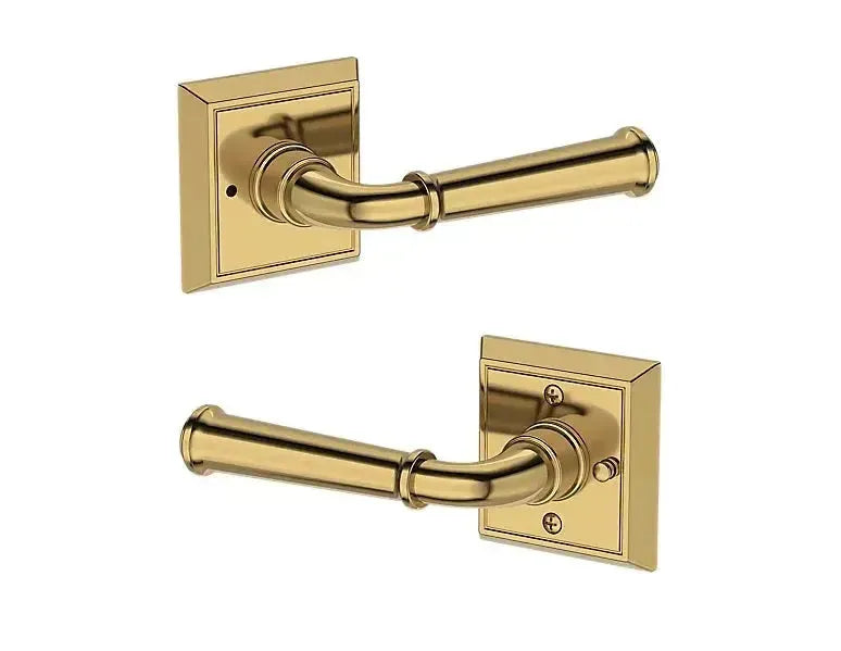 Baldwin Dunsmoor Lever with Chamfered Square Rosette in Lifetime Polished Brass finish