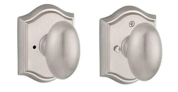 Baldwin Ellipse Knob with Traditional Arch Rosette Satin Nickel