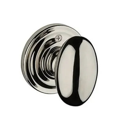 The Baldwin Reserve Ellipse Knob with Traditional Round Rosette in Lifetime Polished Nickel finish.