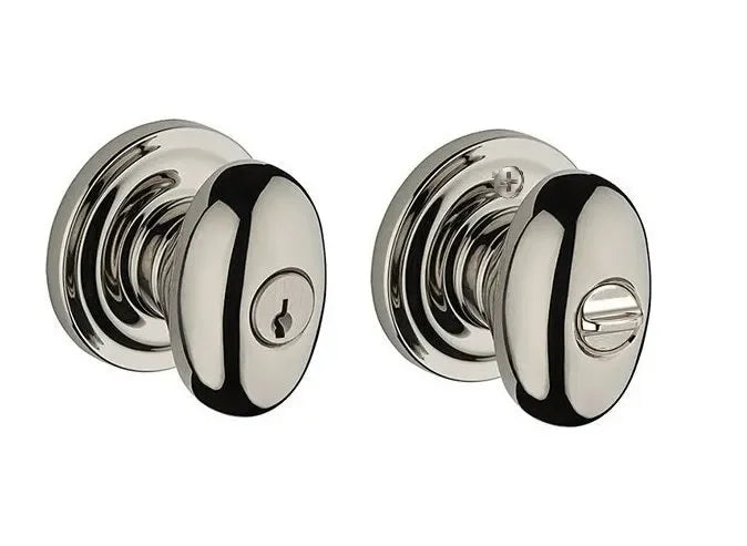 The Baldwin Reserve Ellipse Knob with Traditional Round Rosette in Lifetime Polished Nickel finish.