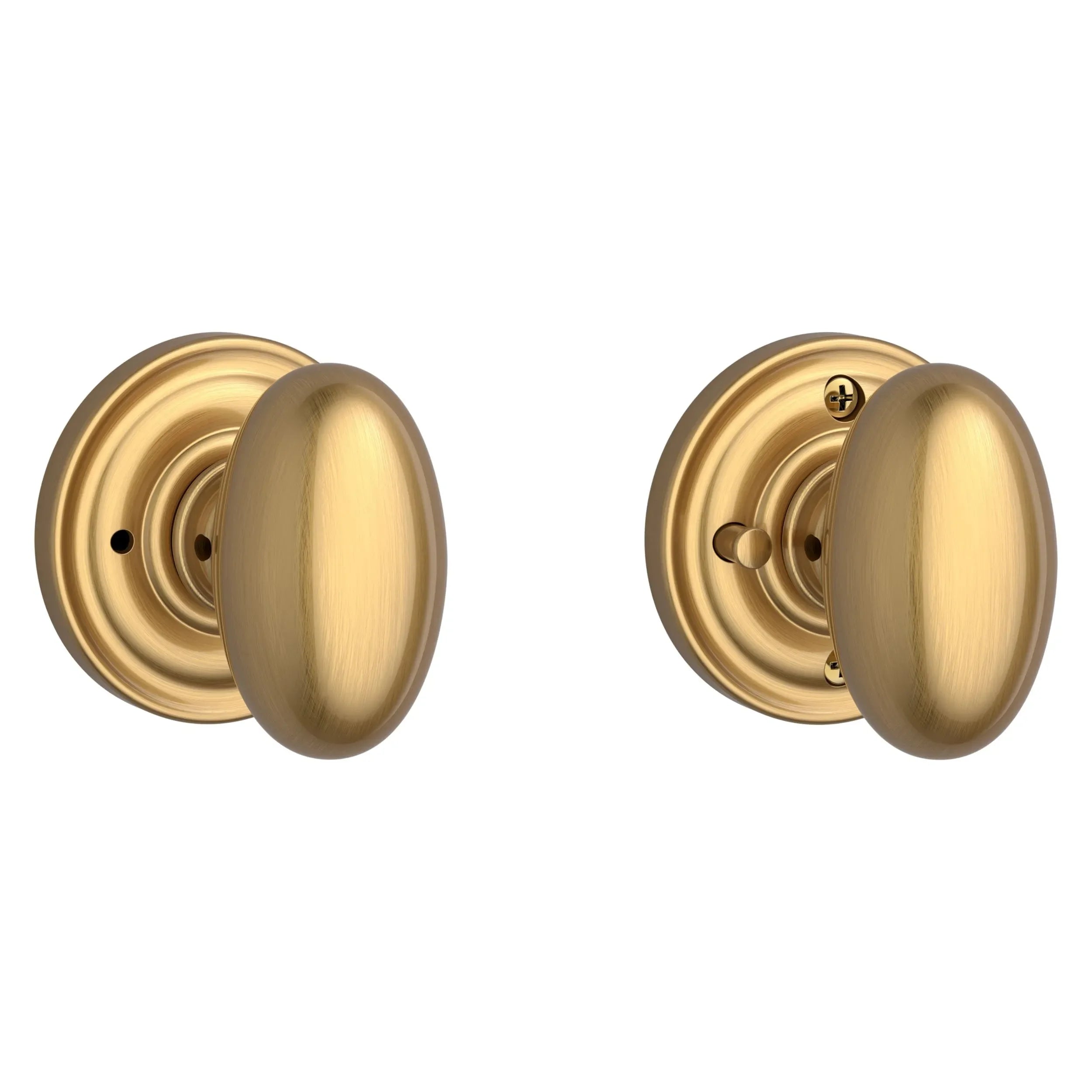 The Baldwin Reserve Ellipse Knob with Traditional Round Rosette in Lifetime Satin Brass finish.