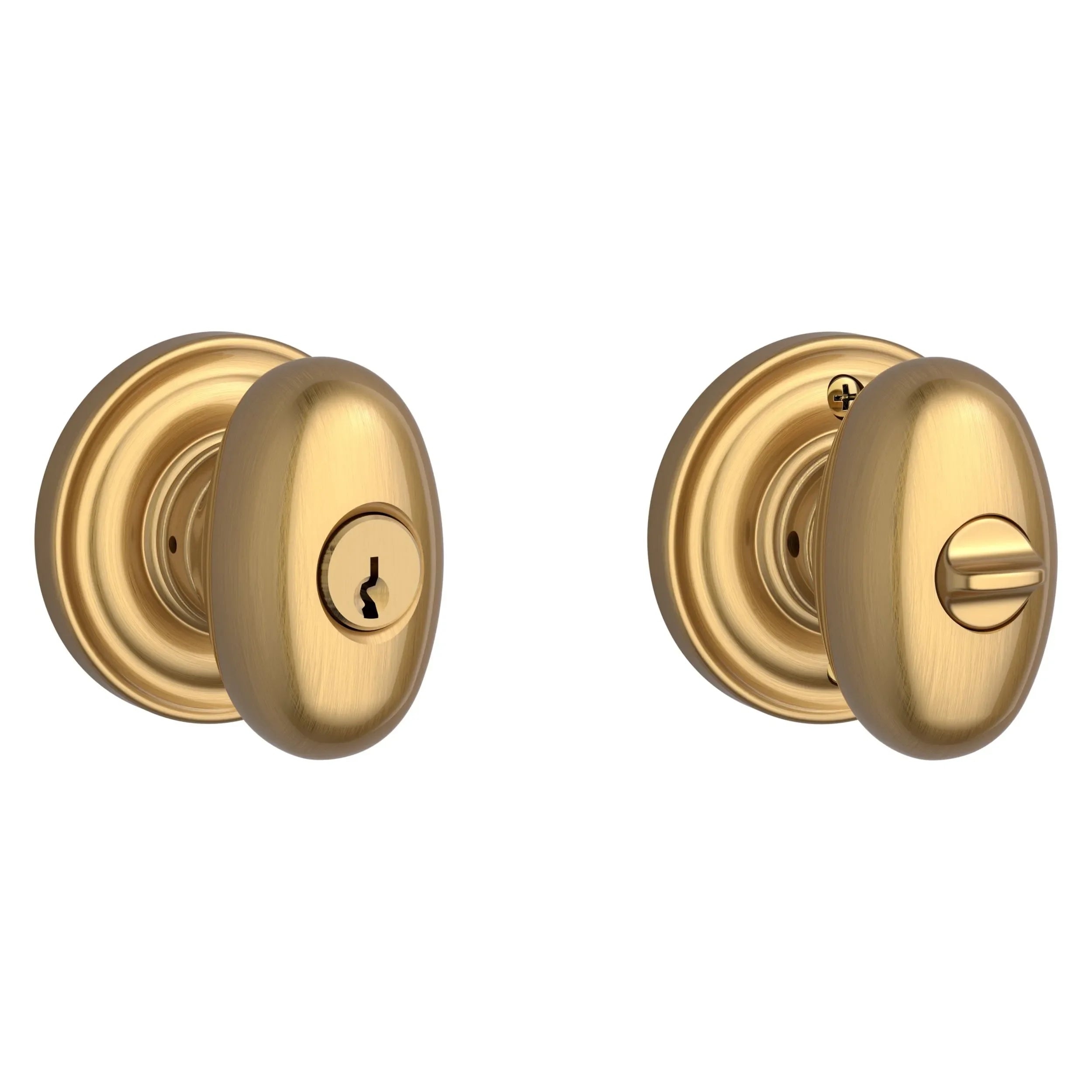 The Baldwin Reserve Ellipse Knob with Traditional Round Rosette in Lifetime Satin Brass finish.