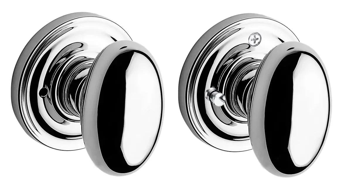 The Baldwin Reserve Ellipse Knob with Traditional Round Rosette in Polished Chrome finish.