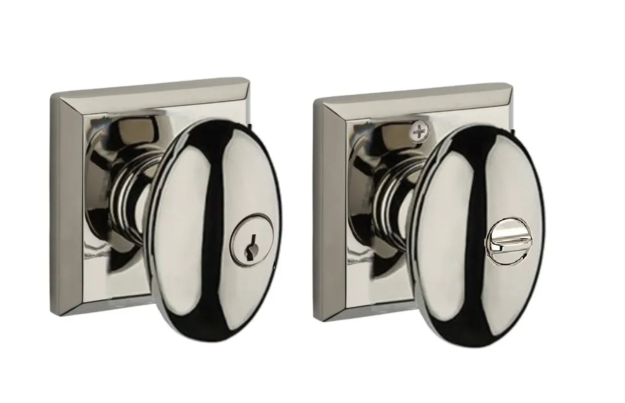 Baldwin Ellipse Knob with Traditional Square Rosette Lifetime Polished Nickel