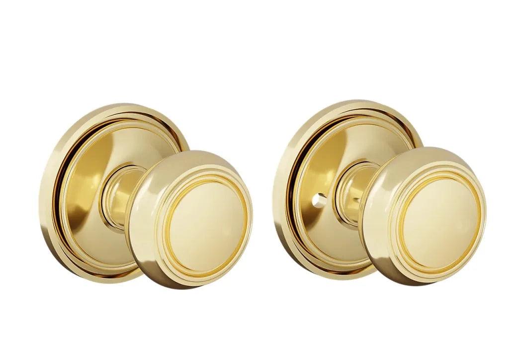 The Baldwin Estate 5087 Nashville Knob (2") with 5070 Rosette in Lifetime Polished Brass finish.