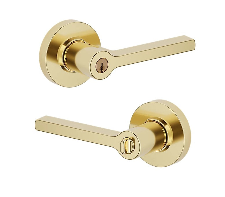 The Baldwin Estate 5260 Minneapolis Keyed Lever with Round Rosette in Lifetime Polished Brass finish.